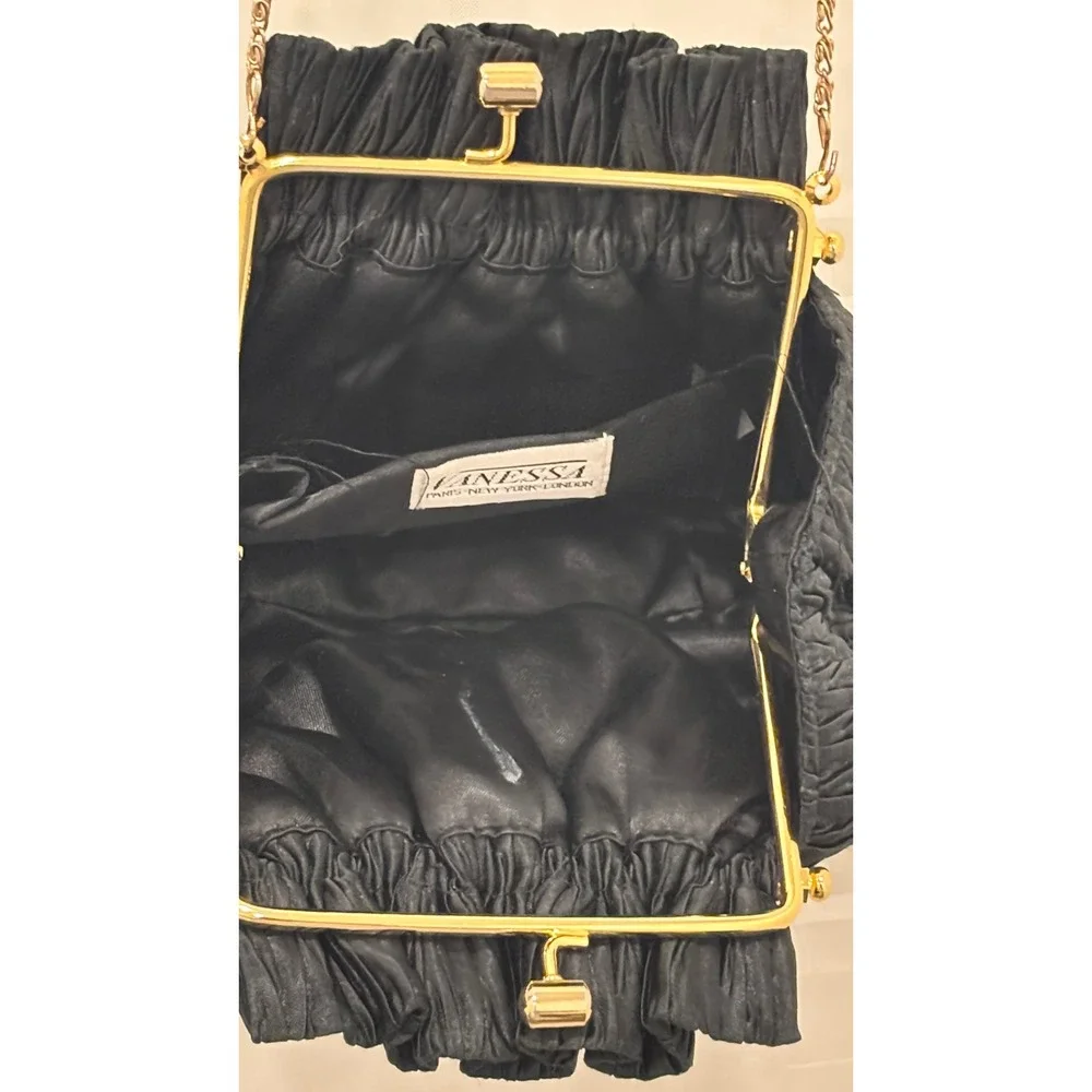 Vintage Vanessa Paris Black Pleated Evening Bag Gold Chain Kiss Lock Pouch Purse